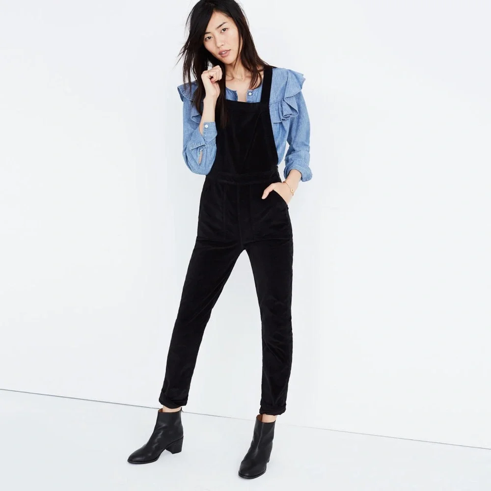 Madewell Black Velvet Skinny Stretchy Overalls w/ Side Zipper and Pockets